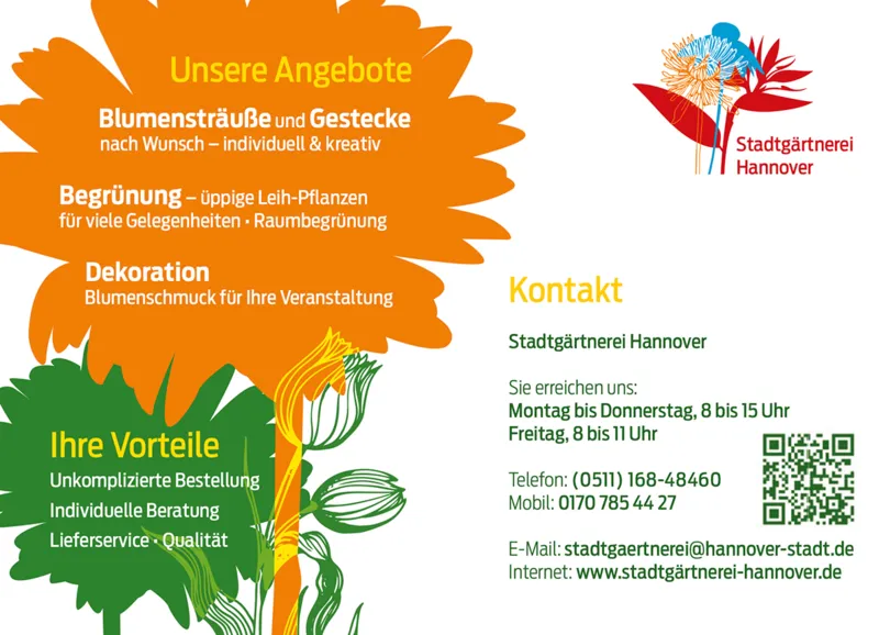 Ein Auszug aus einem Flyer mit Kontaktinformationen zur Stadtg&auml;rtnerei Hannover.